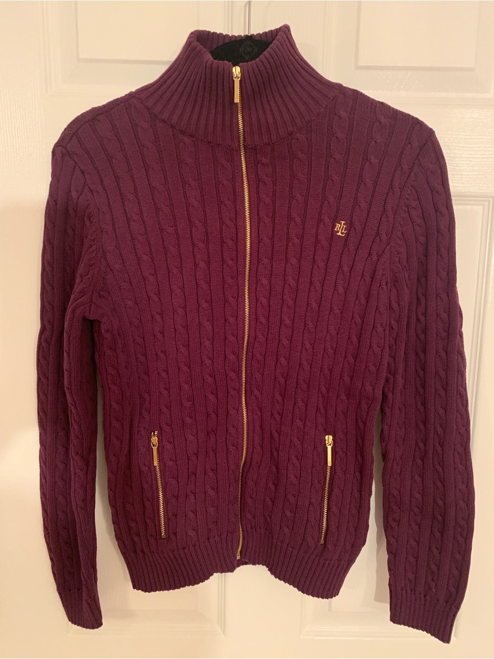 Lauren Ralph Lauren Women’s M Plum Cable Knit Full Zip Sweater